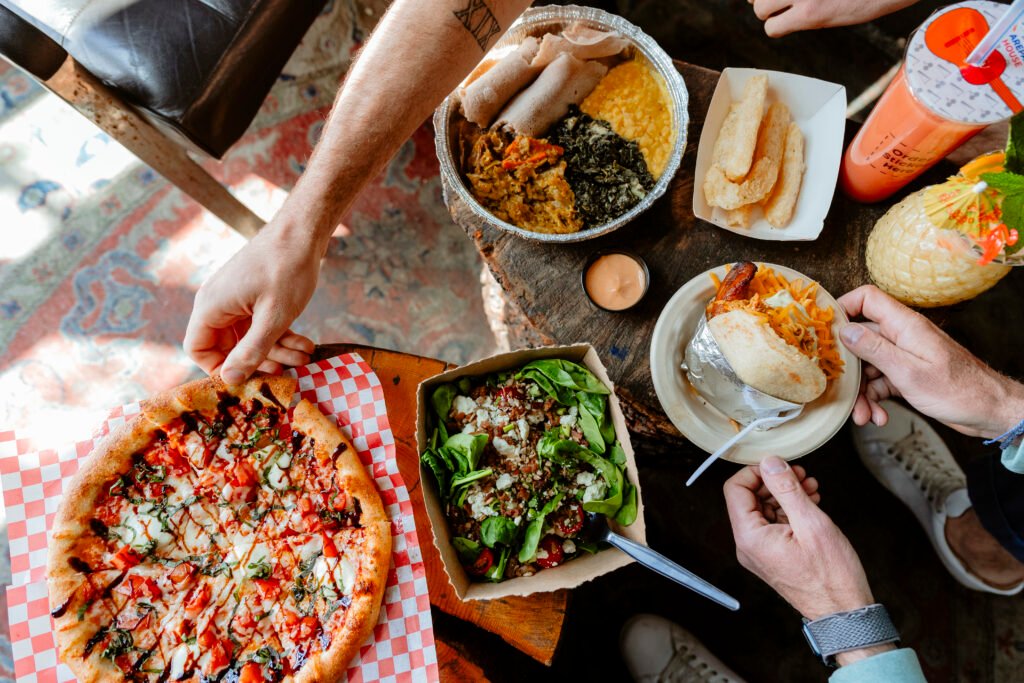Edgewater Public Market food including pizza and salad
