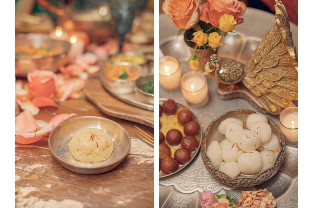 Pictured here are papad, dough of black gram bean flour, cooked with dry heat until crunchy; gulab jamun, fried balls of a dough made from milk solids and semolina, soaked with an aromatic syrup; and rasgulla, ball-shaped dumplings of chhena and semolina dough, cooked in light sugar syrup.