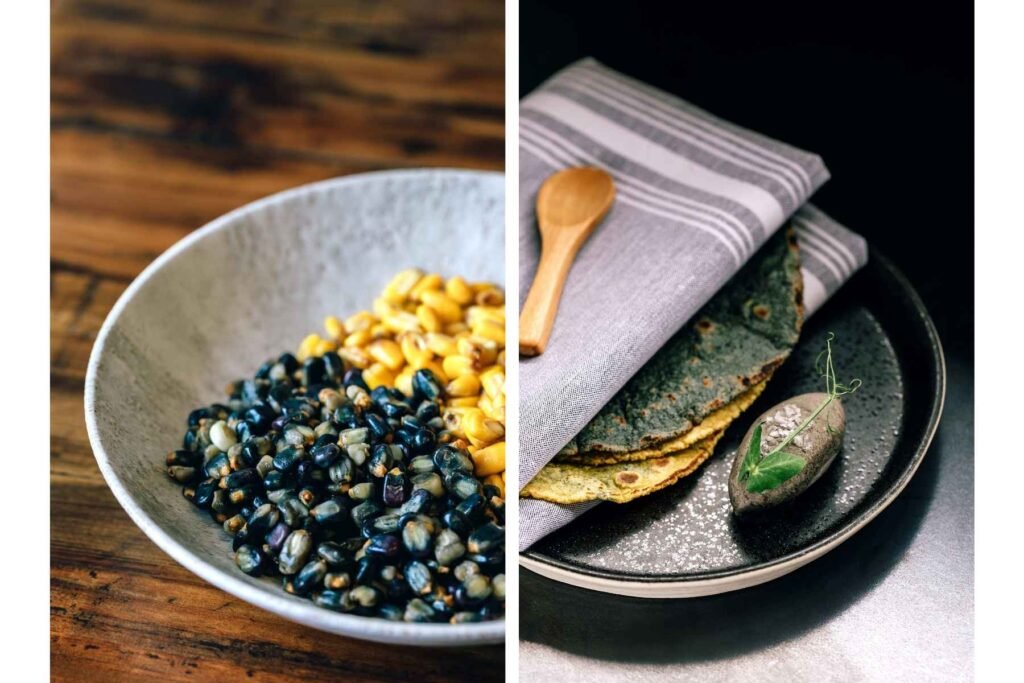 The tortilla "bread service" that
opens the meal at Xiquita. Guests are given a mix of freshly
griddled blue and yellow corn tortillas served with a vegetable
ash butter that references the ash traditionally used in the
nixtamalization process.